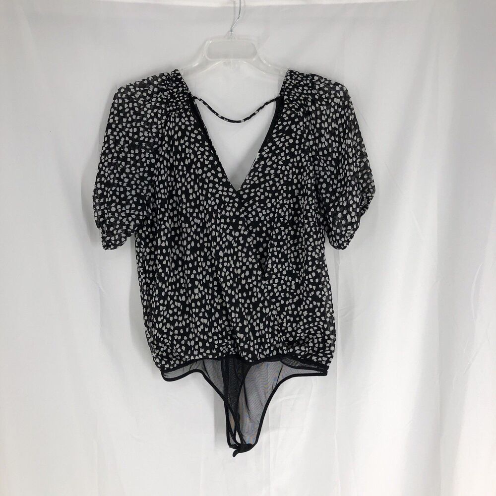 ASTR the Label Bodysuit Womens XL Black Spot Sheer Long Sleeve V-Neck
